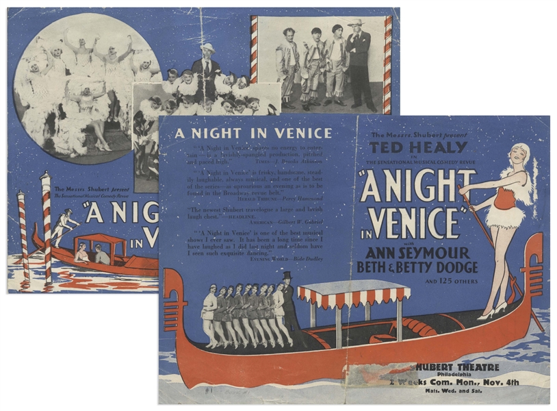 ''A Night in Venice'' Flyer From 1929 for the Shubert Theatre in Philadelphia -- Measures 10'' x 7.25'' Unfolded -- Some Creasing & Remnants of Sticker at Bottom, Overall Very Good